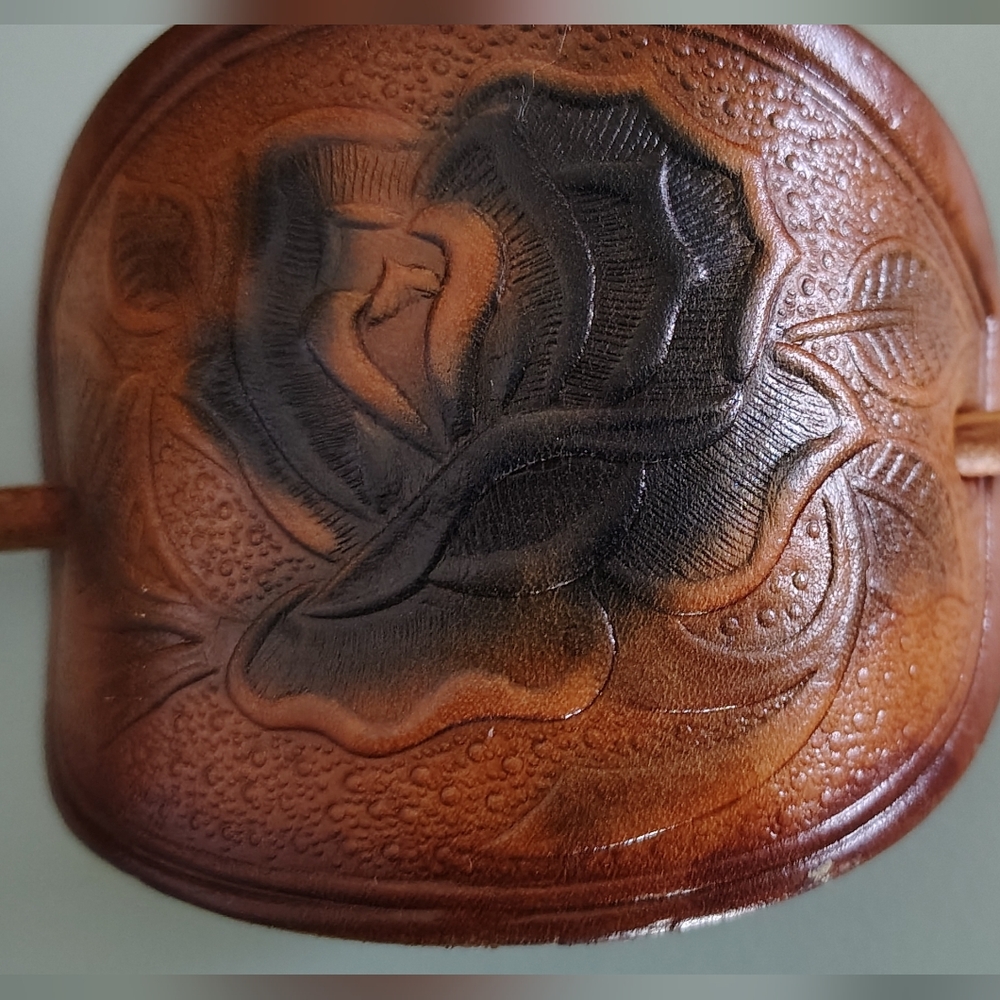 Vintage Tooled Leather Stick Hair Barrette with Rose Design - Picture 3 of 3